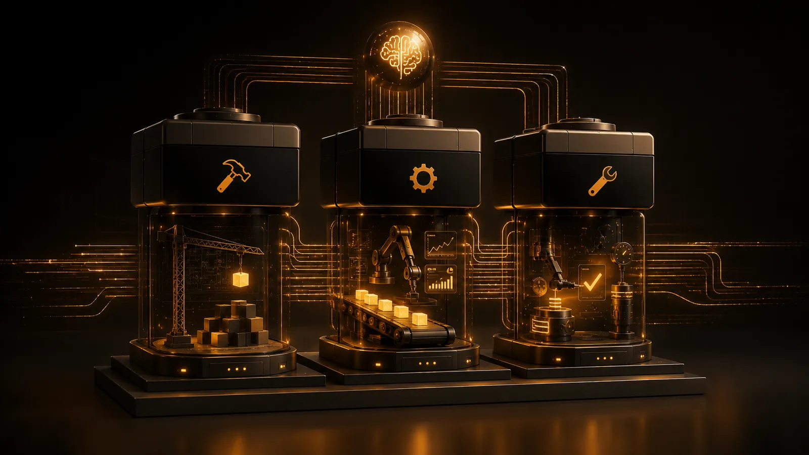The three cost blocks of an AI automation as machines: setup (hammer), operation (gear), maintenance (wrench).