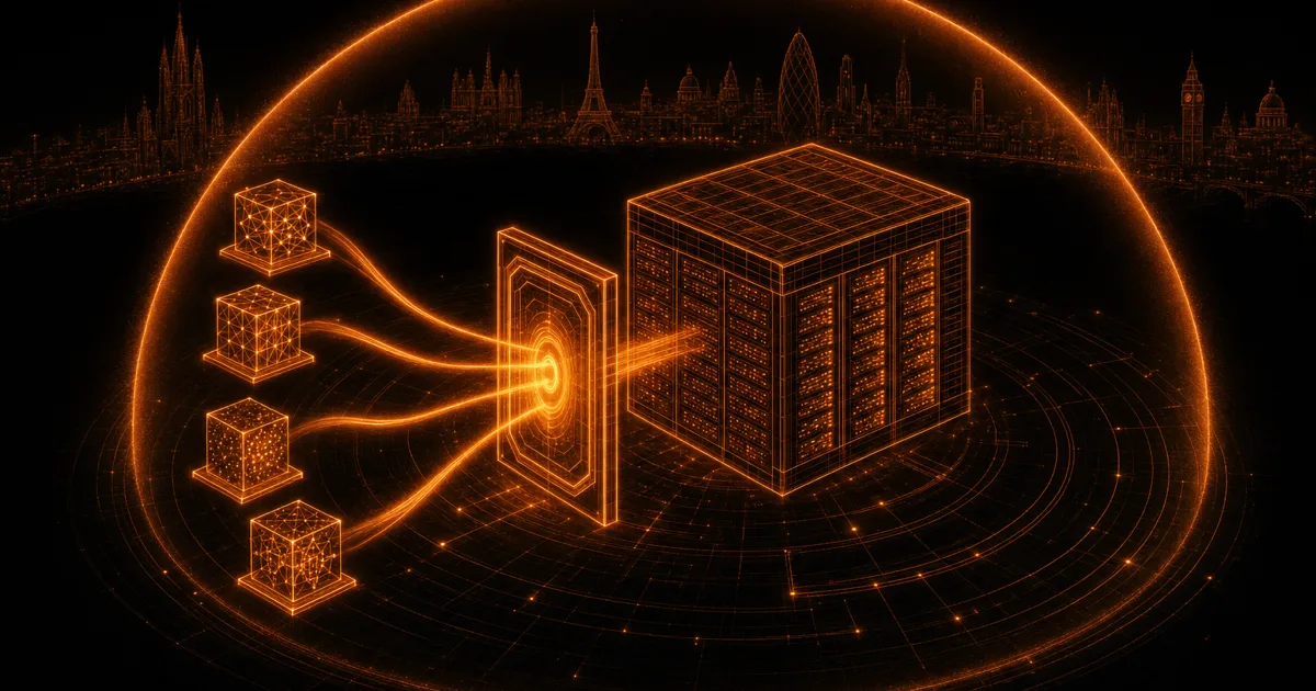 Isometric illustration: several AI models converge through one central interface into a data centre, encircled by a protective ring.