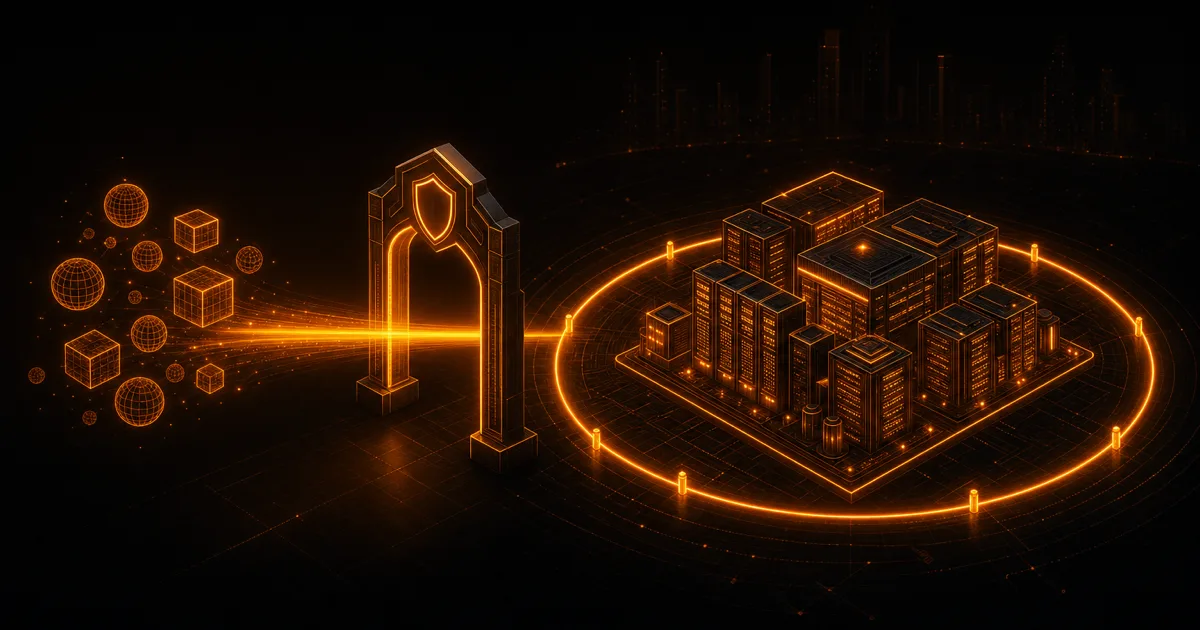 Isometric illustration: AI models flow through a single secure gateway into a data center surrounded by a protective ring.