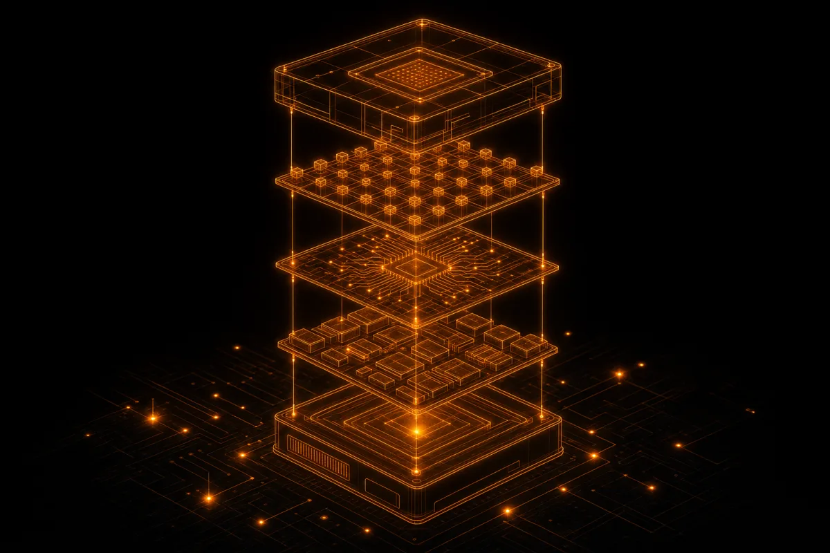Five glowing layers float one above another and assemble into a structured whole — the building blocks of a good prompt.