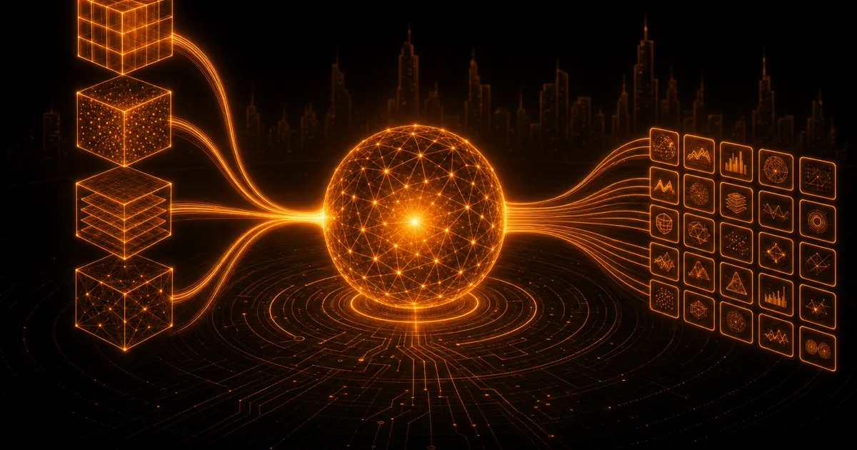Stacked building blocks become a beam of light flowing into an AI core; on the right, an orderly grid of results emerges.