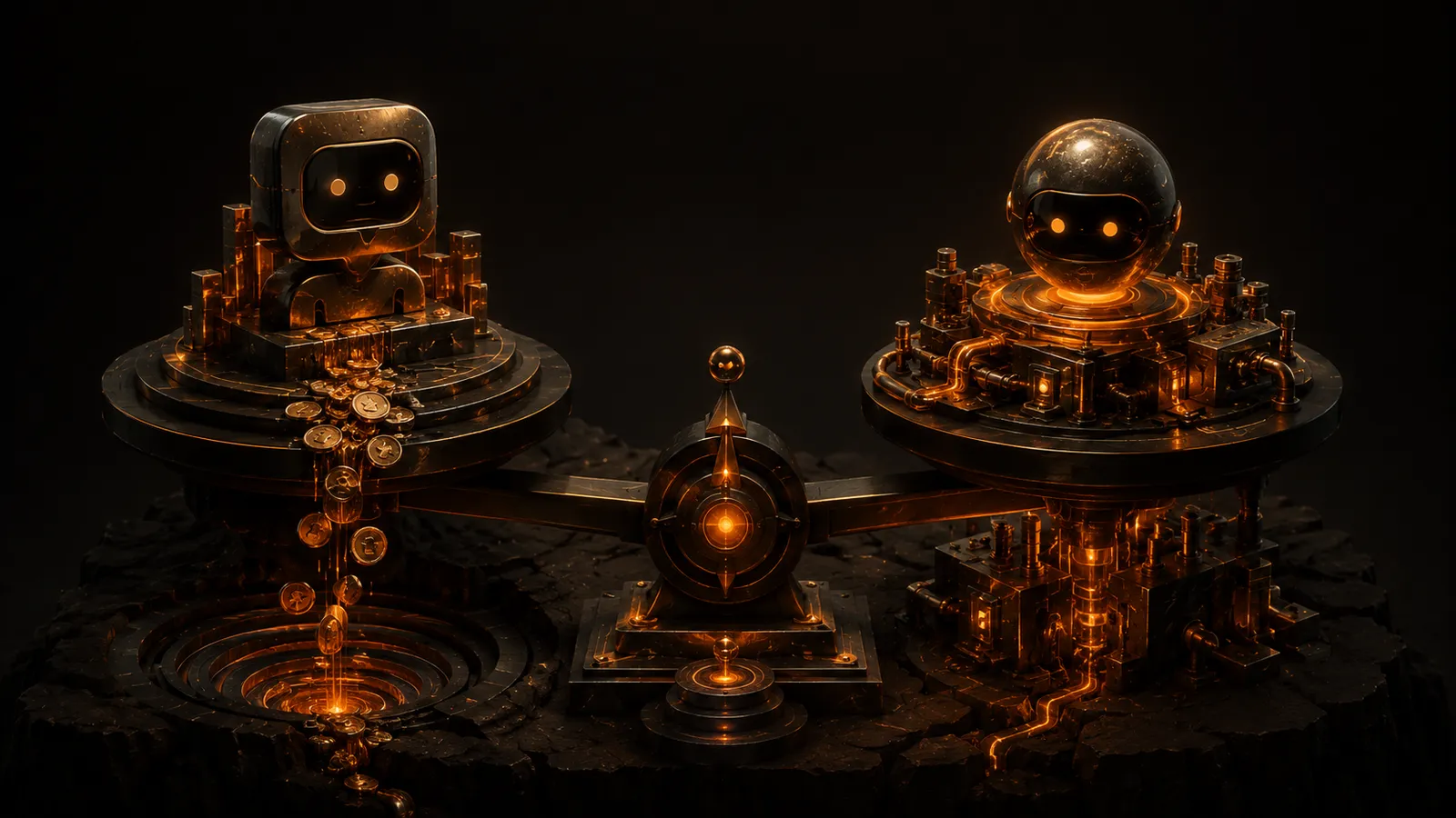 Two chatbots on a scale — a rented subscription bleeding coins on the left, your own assistant built into the company on the right.