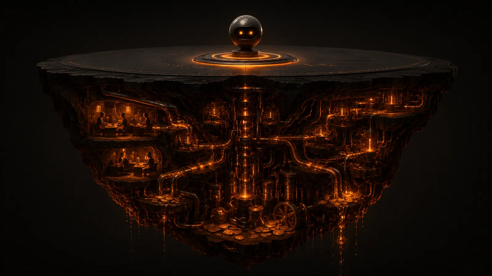 The hidden costs beneath the surface: the friendly bot on top — machinery, people and coins below.