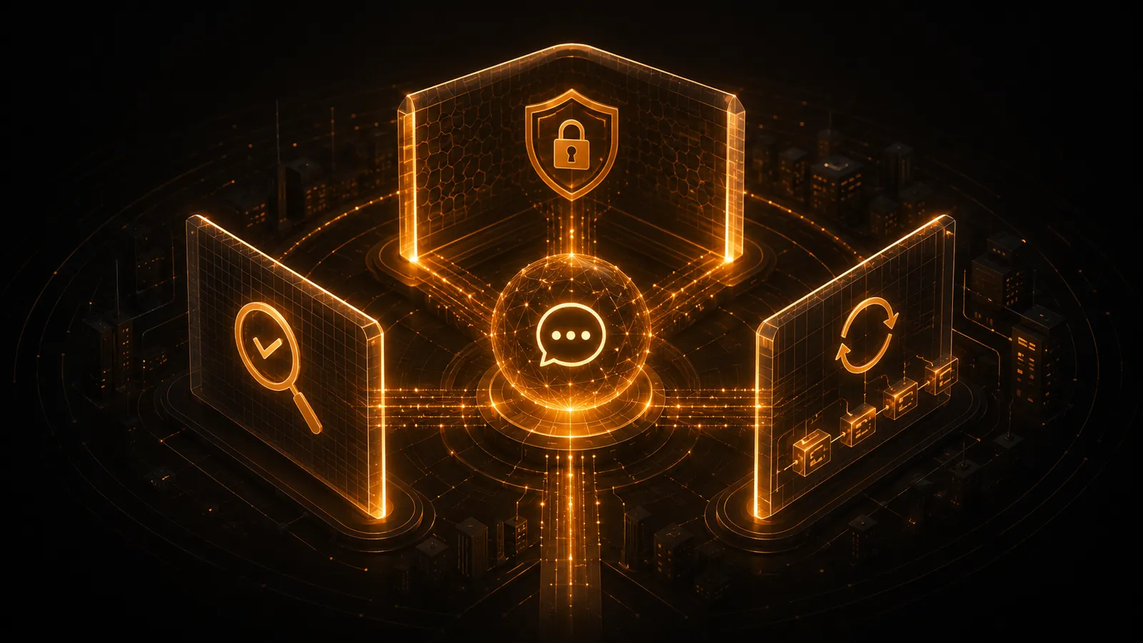 A chat window surrounded by three limits: data protection, reliability and repeatability.