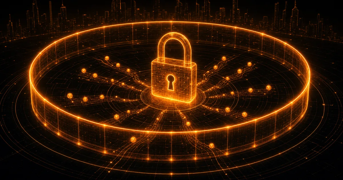 A glowing padlock at the center of a data perimeter; data streams flow toward an AI core but stay contained within the protective boundary.