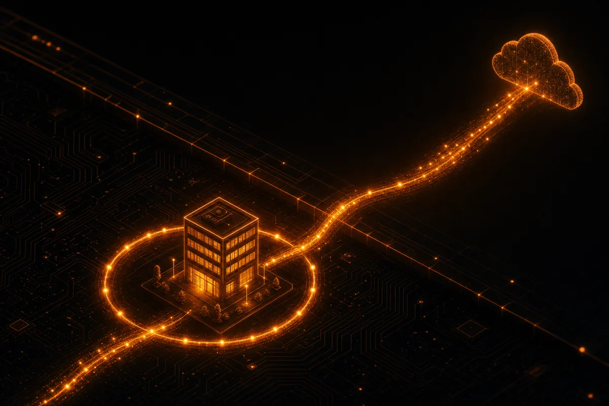 Two data streams leave a company: one escapes outward to a distant cloud, the other stays within a protective ring around the building.