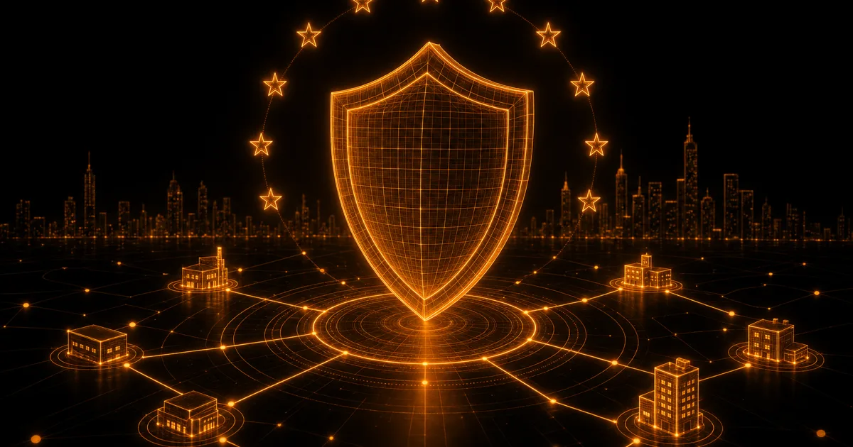 A glowing shield as a symbol of the EU AI Act, ringed by twelve stars and connected to small businesses.