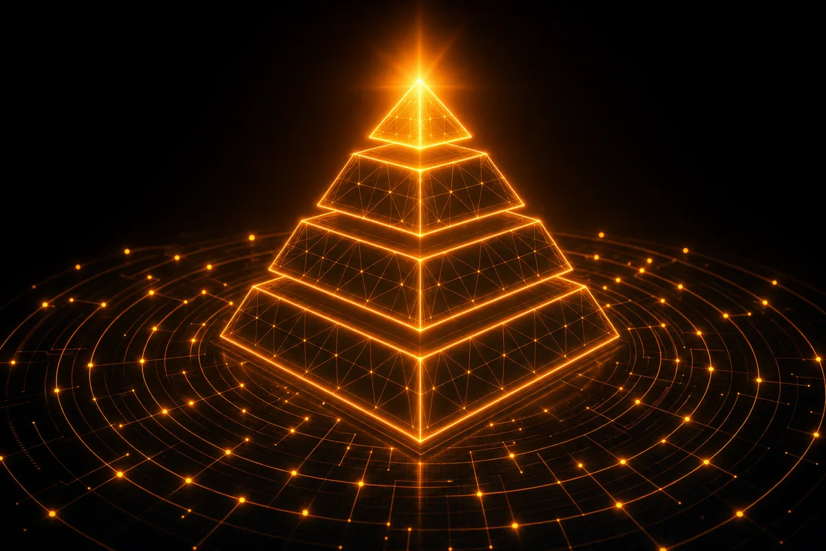 The four risk classes of the EU AI Act as a glowing pyramid: a small bright apex widening to a broad base.