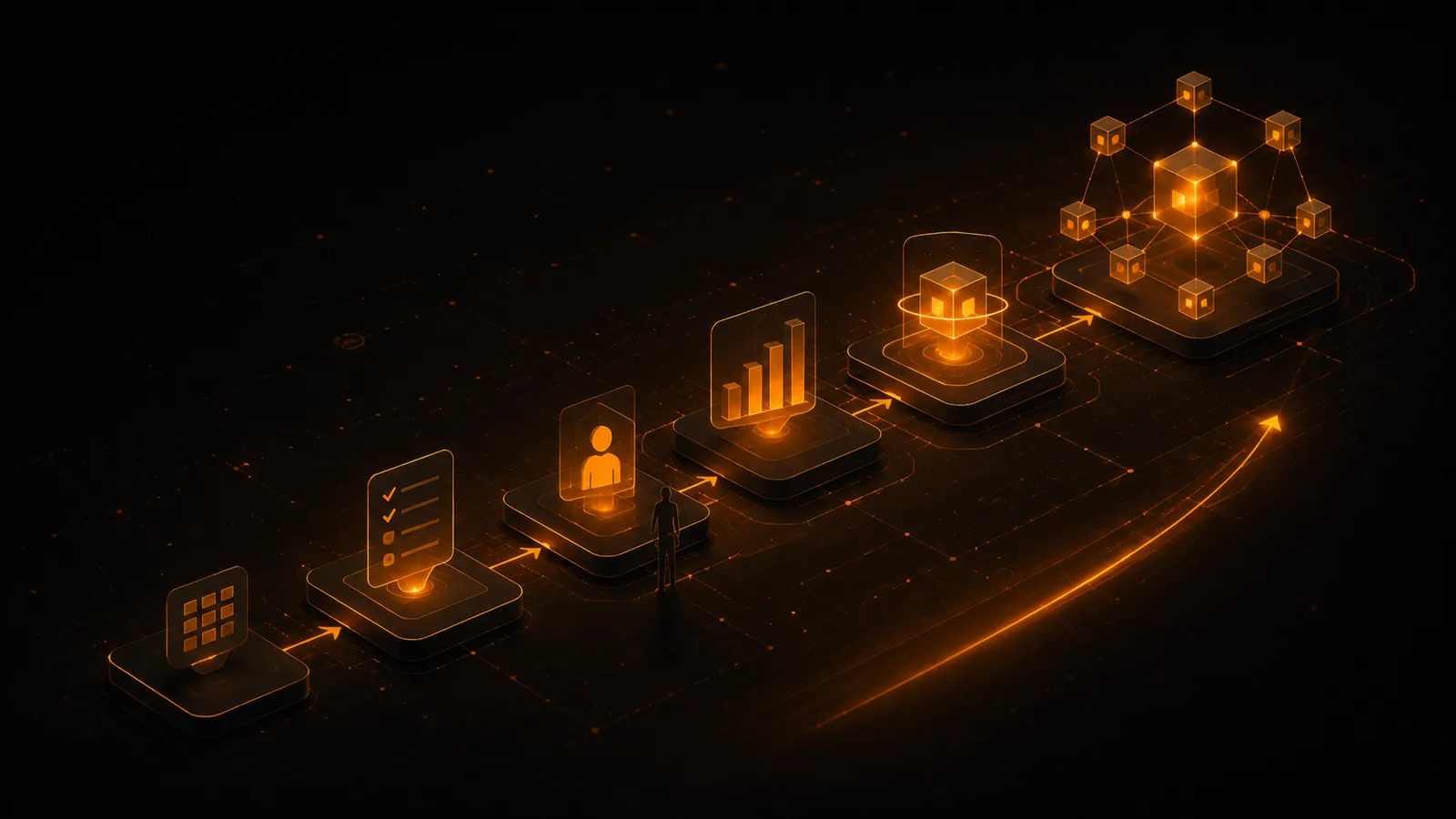 An AI agent as a glowing node between tools and tasks — with a clear handover path to a human.