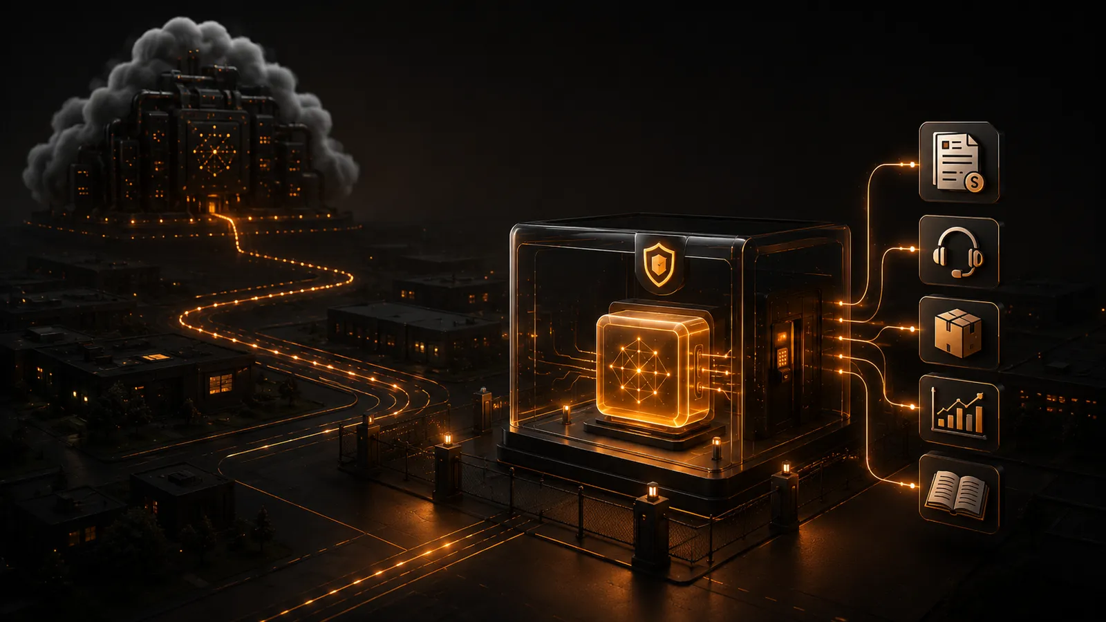 Data sovereignty, pictured: the specialized model runs protected on your premises — the third-party cloud stays outside.
