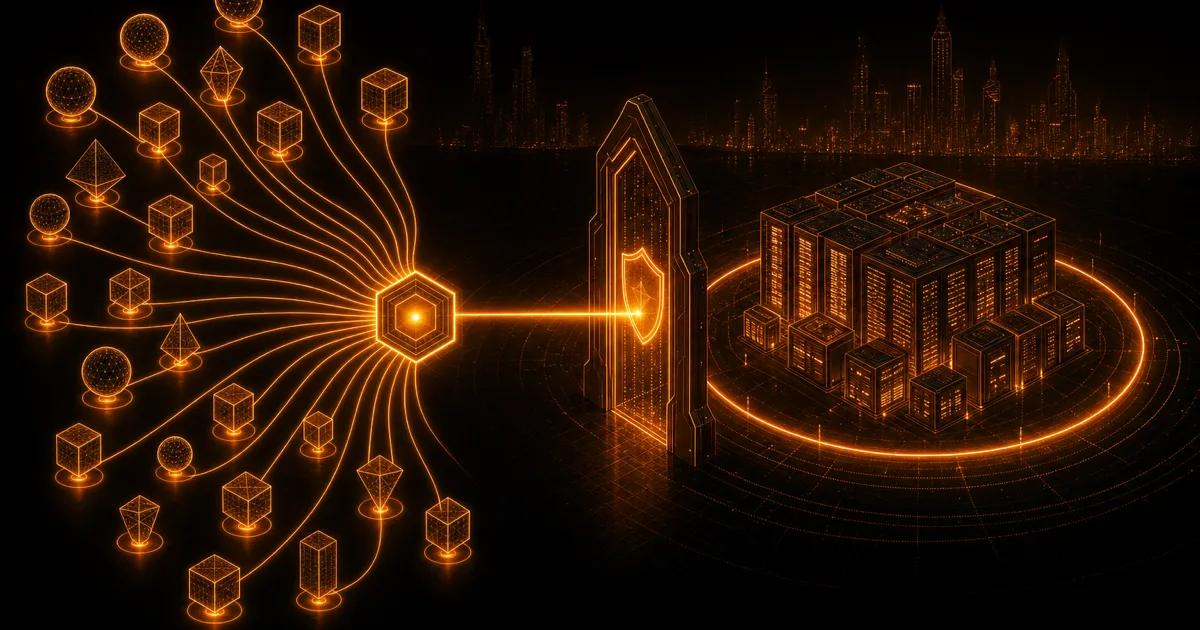 Isometric illustration: many AI models pass through a central hub and a secured gateway into a data center surrounded by a protective ring.